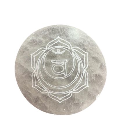 Set of seven small selenite charging plates, one engraved and coloured per chakra - view 7
