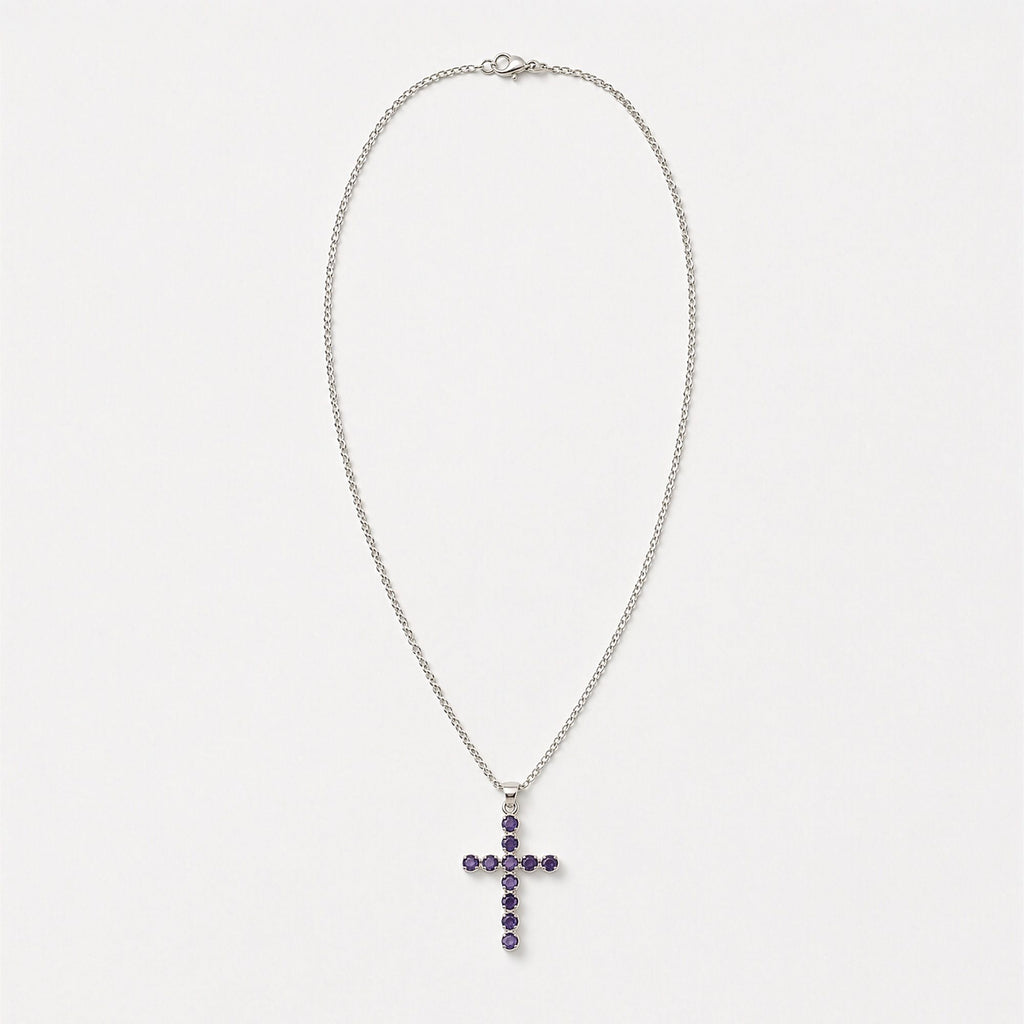 Silver-plated crucifix pendant set with deep purple stones, on linen - view 6