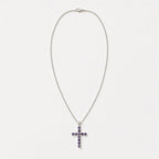 Silver-plated crucifix pendant set with deep purple stones, on linen - view 6