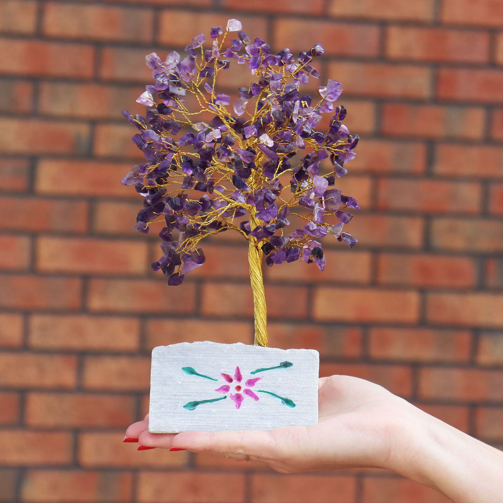Small amethyst chipstone tree on a hand-painted stone base, on rumpled linen - view 4