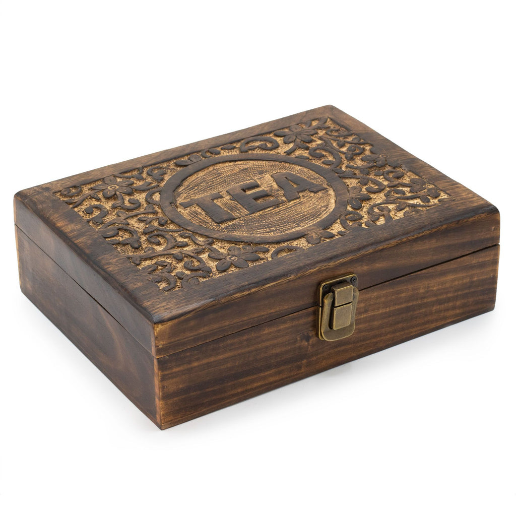 Carved mango wood tea box with twelve compartments and a brass clasp - view 5