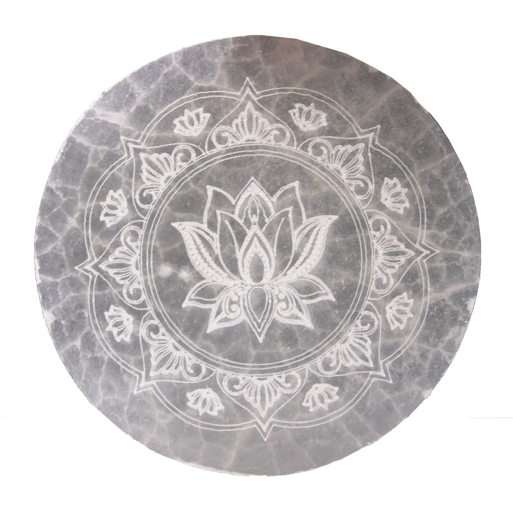 Medium round selenite charging plate engraved with a lotus mandala - view 3
