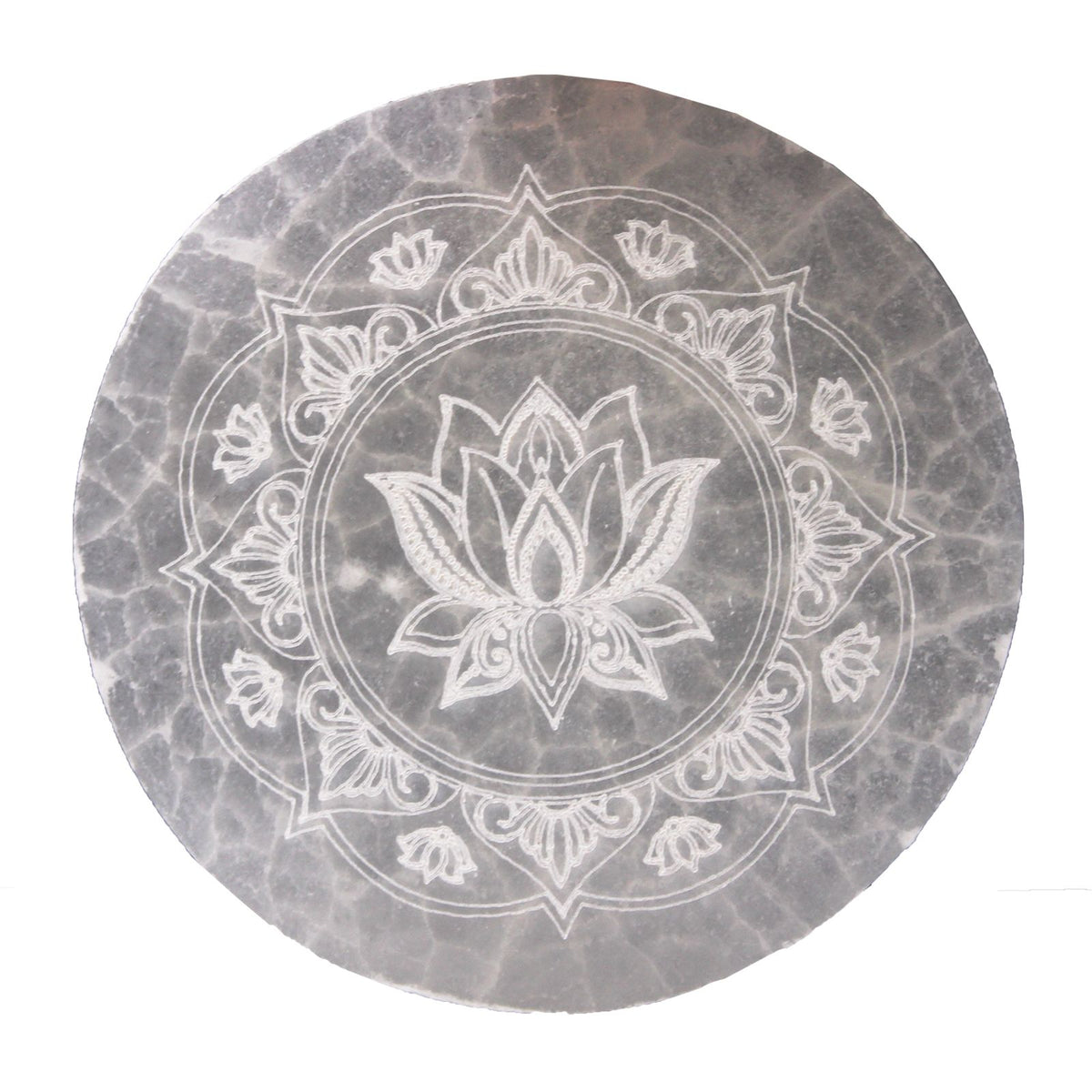 Medium round selenite charging plate engraved with a lotus mandala - view 3
