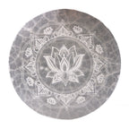 Medium round selenite charging plate engraved with a lotus mandala - view 3