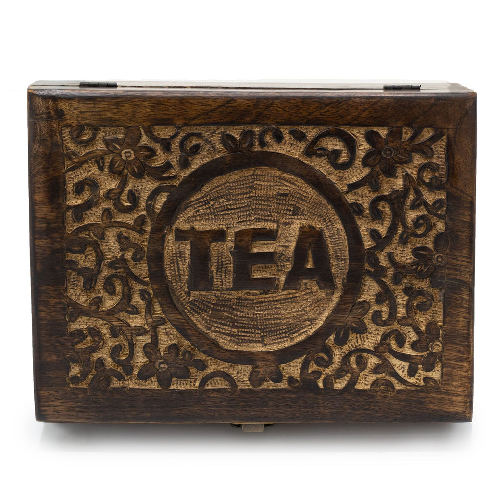 Carved mango wood tea box with twelve compartments and a brass clasp - view 3