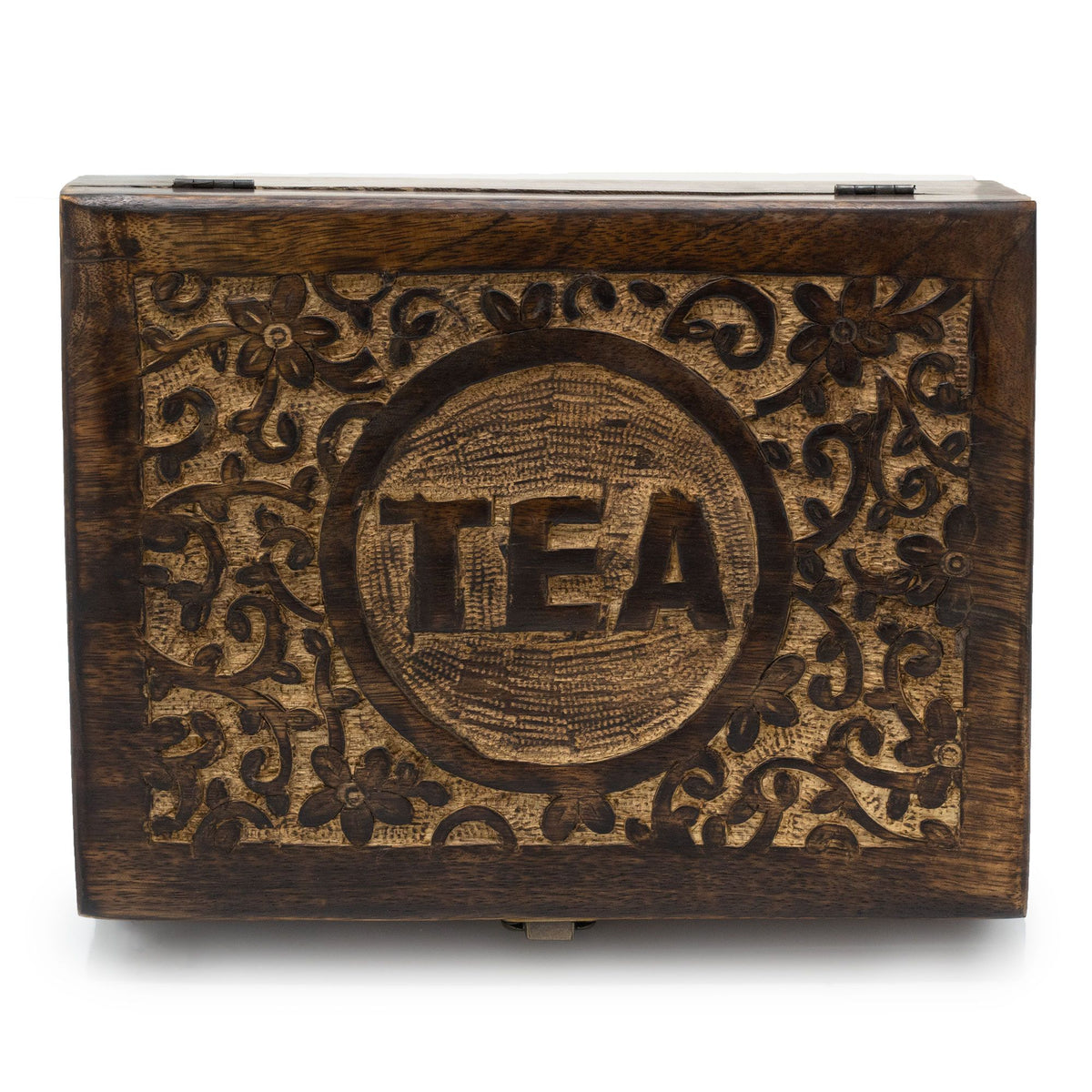Carved mango wood tea box with twelve compartments and a brass clasp - view 3