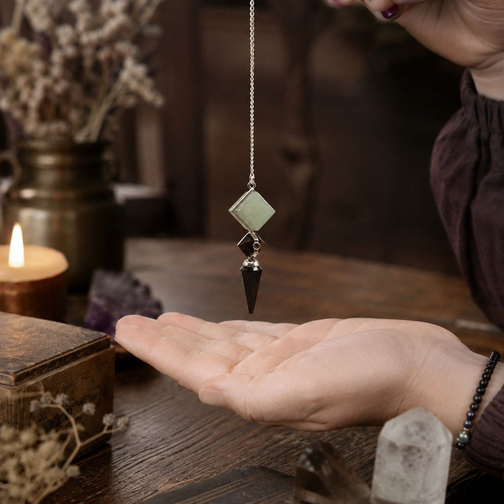 Three pendulums in green aventurine, tiger eye and black agate hanging side by side - view 5