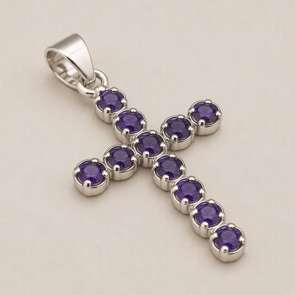 Silver-plated crucifix pendant set with deep purple stones, on linen - view 8