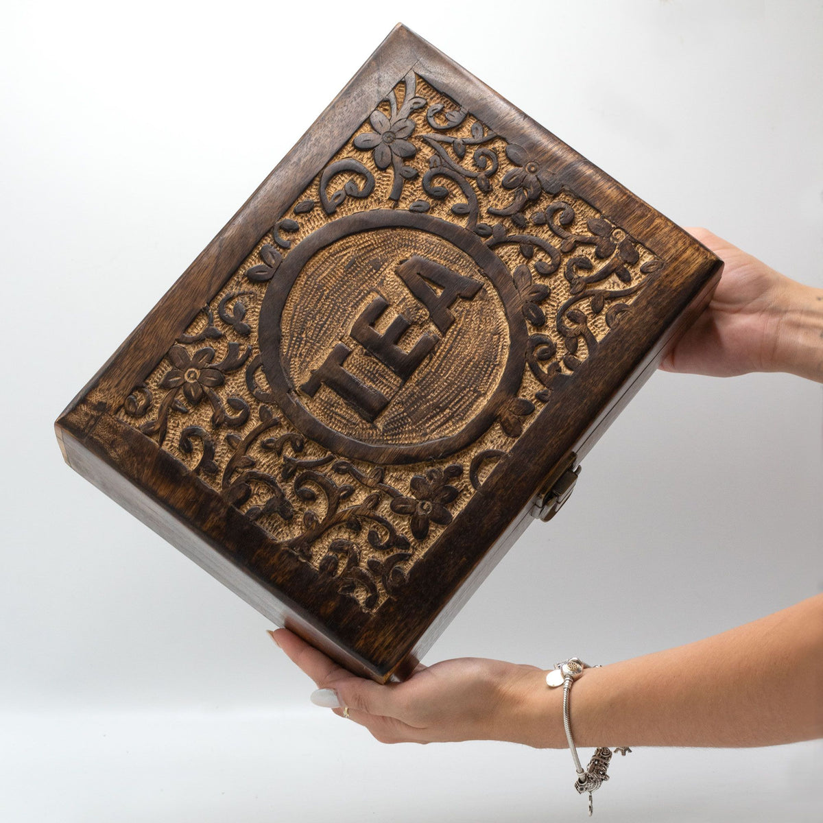 Carved mango wood tea box with twelve compartments and a brass clasp - view 4