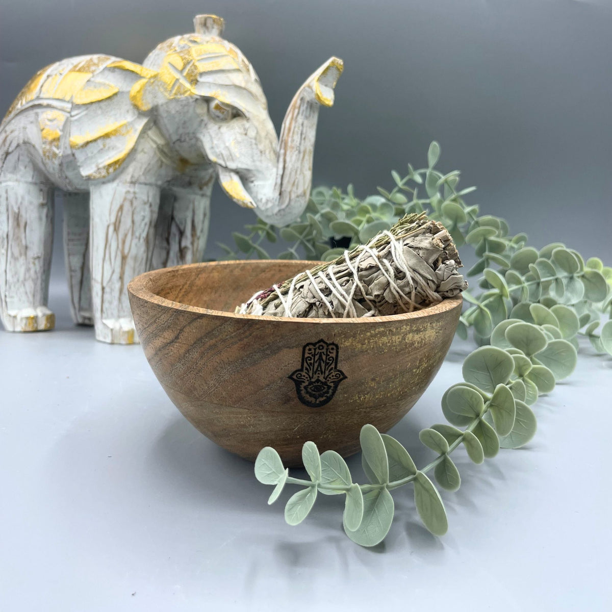 Wooden Smudge Bowl - Hamsa - Large