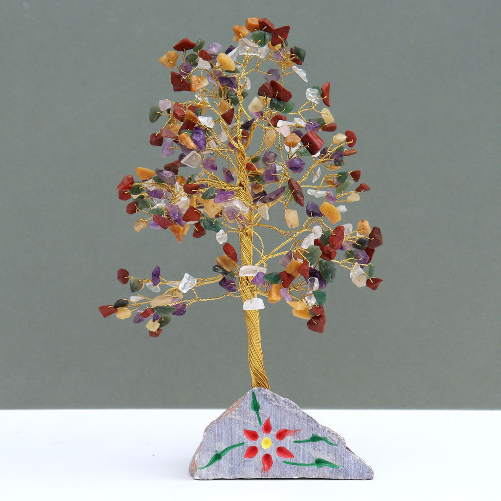 Large mixed gemstone chip tree on a rough gemstone rock base
