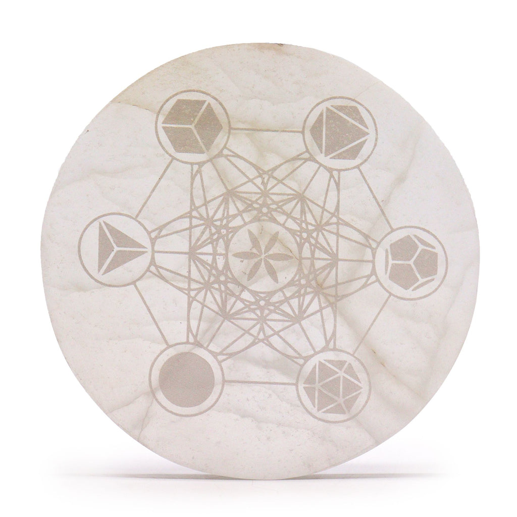 Large round selenite charging plate engraved with interlocking sacred geometry - view 2