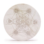 Large round selenite charging plate engraved with interlocking sacred geometry - view 2