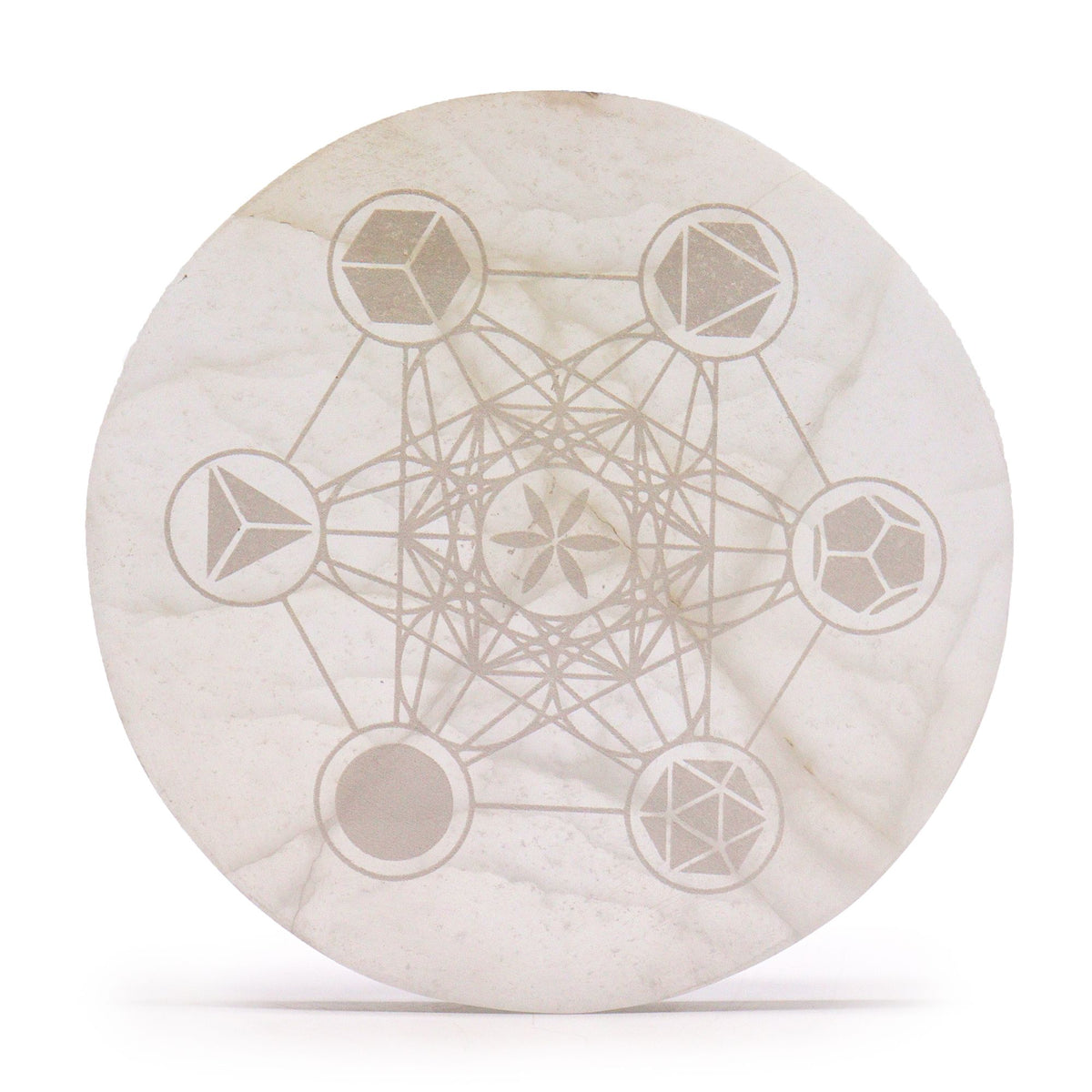 Large round selenite charging plate engraved with interlocking sacred geometry - view 2