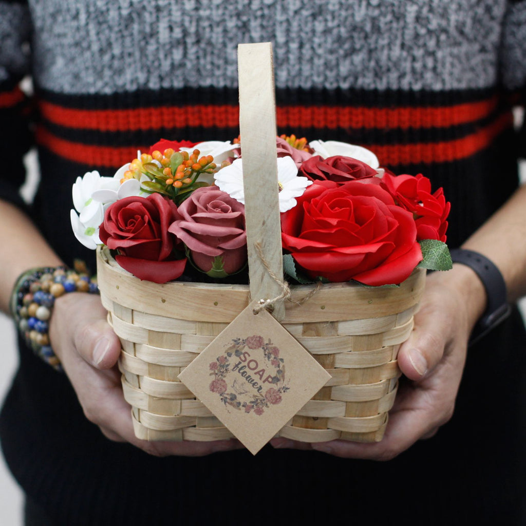 Lilac and purple soap roses in a woven wicker basket with a tag, on cotton-rag paper - view 5