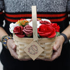 Lilac and purple soap roses in a woven wicker basket with a tag, on cotton-rag paper - view 5