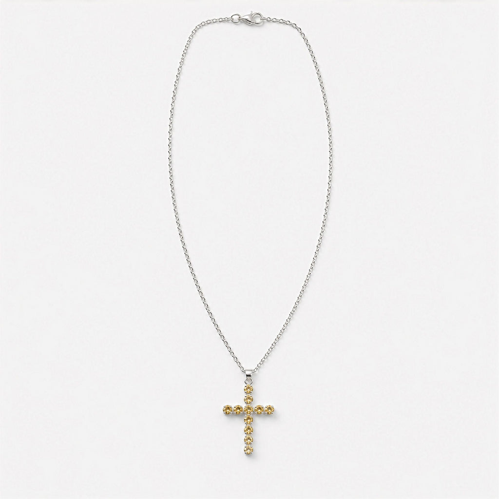 Silver-plated crucifix pendant set with golden citrine-coloured stones, on linen - view 7
