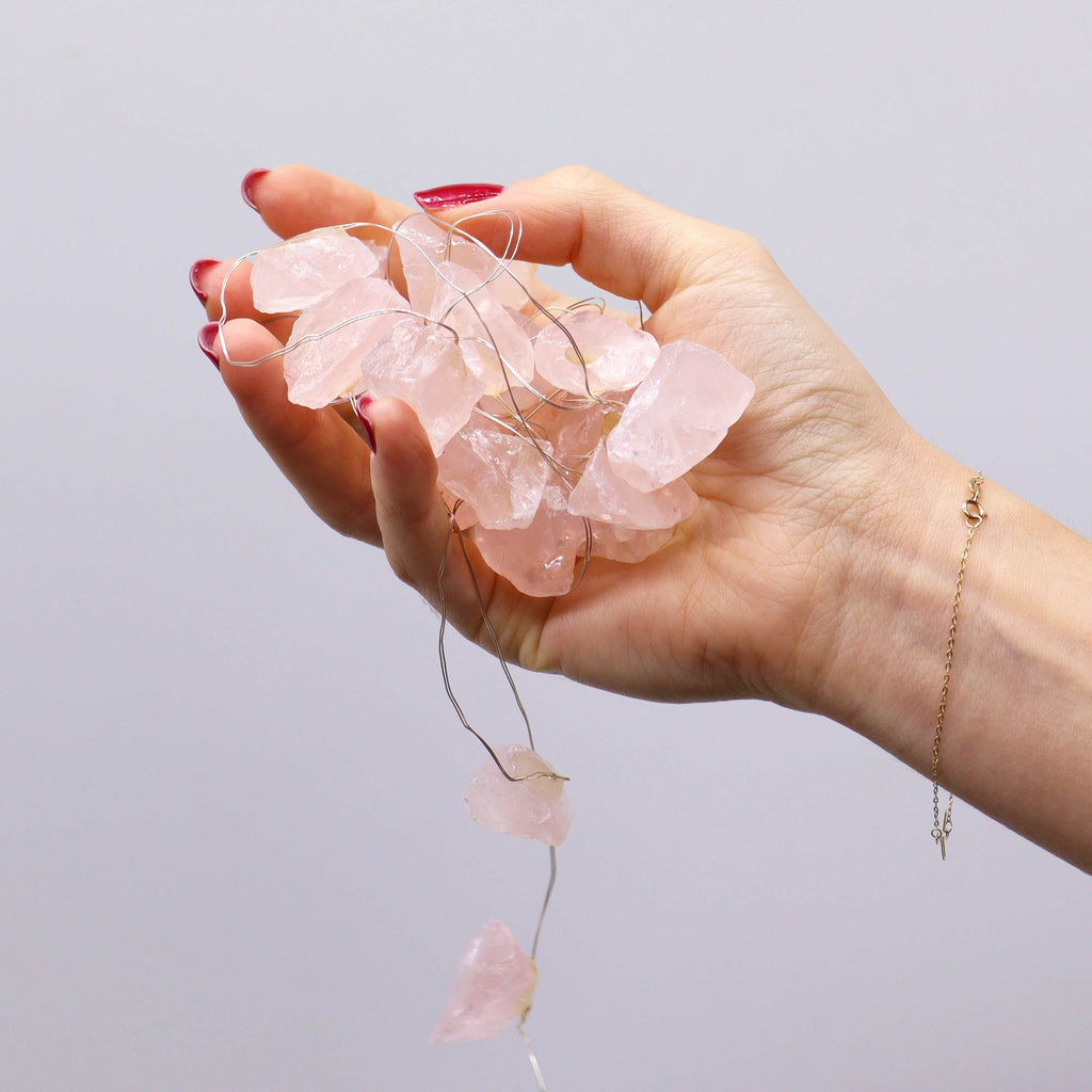 String of warm LED fairy lights threaded with pieces of rose quartz - view 4