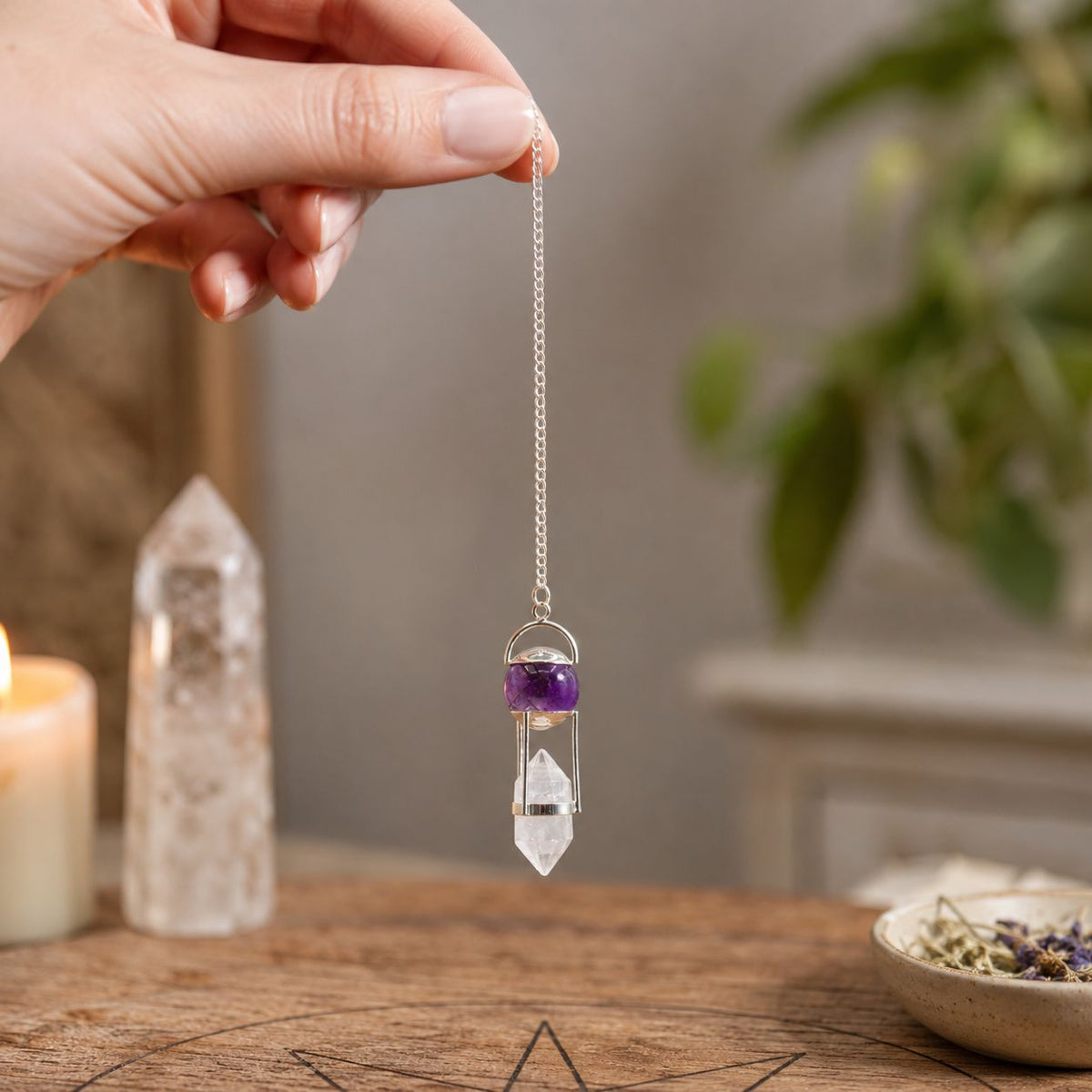 Seeker of Truth - Double Power Pendulum - Amethyst Globe - Clear Quartz Double Terminated - view 3