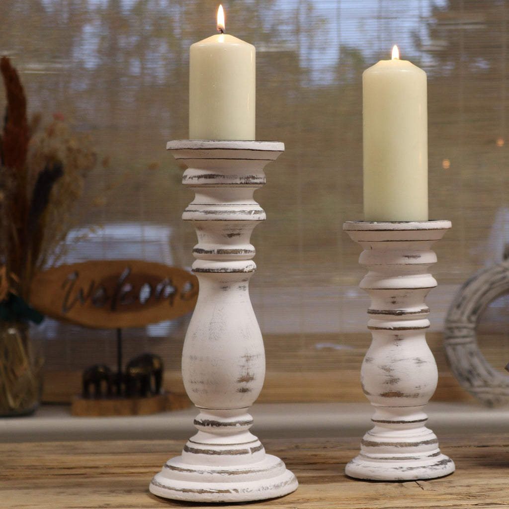Tall turned mango wood candle stand in a distressed whitewash finish - view 4