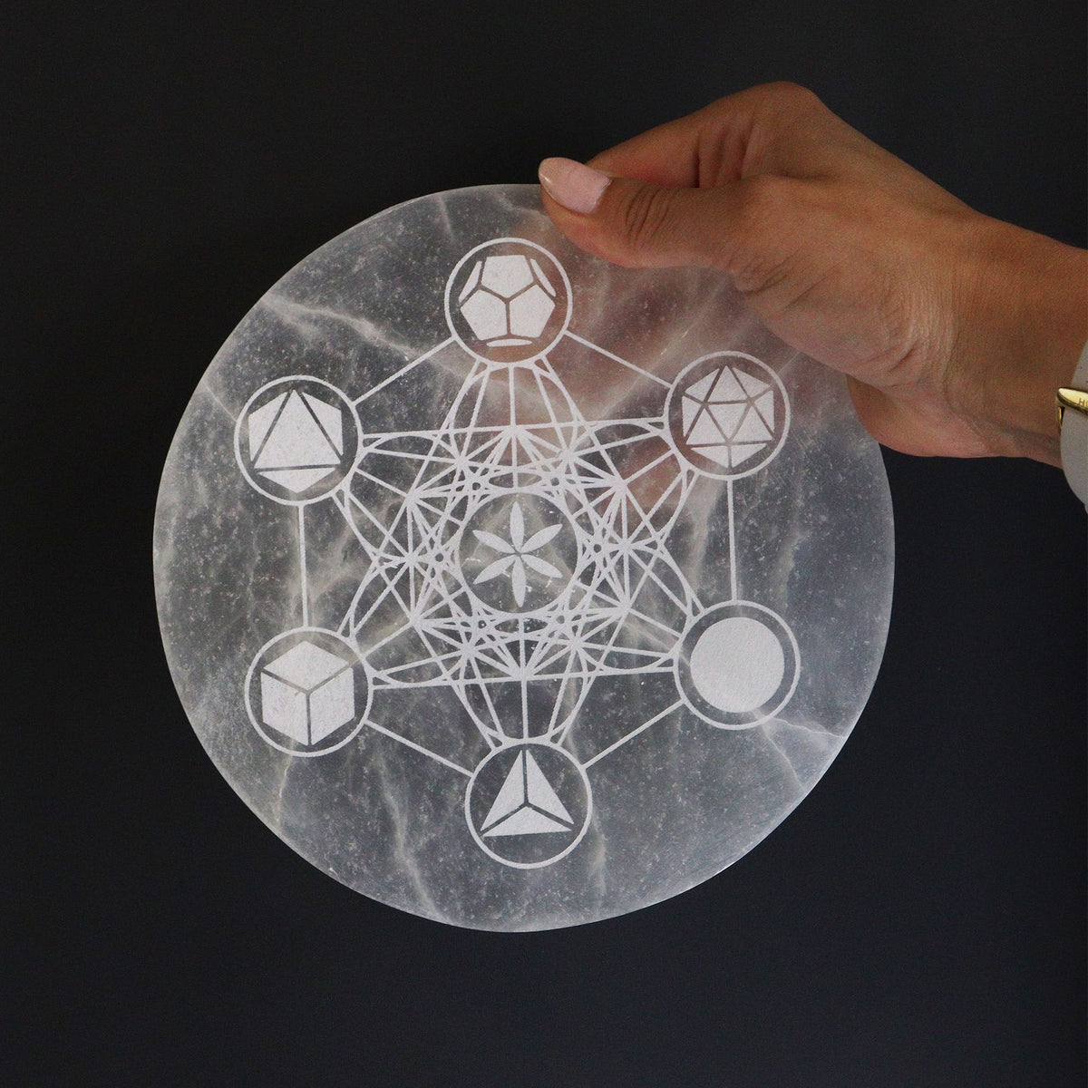 Large round selenite charging plate engraved with interlocking sacred geometry - view 3