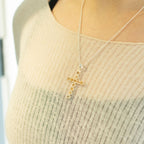 Silver-plated crucifix pendant set with golden citrine-coloured stones, on linen - view 4