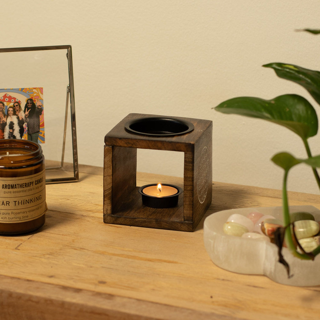 Large Square Mango Wood Oil Burner - Buddha Face - view 2