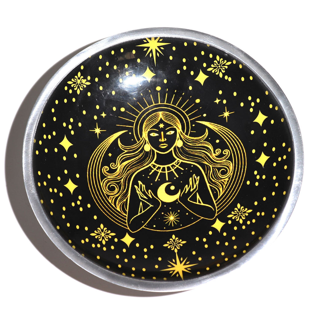 Triple Leg Enamelled Offering Plate - Gold Goddess on Black - view 3