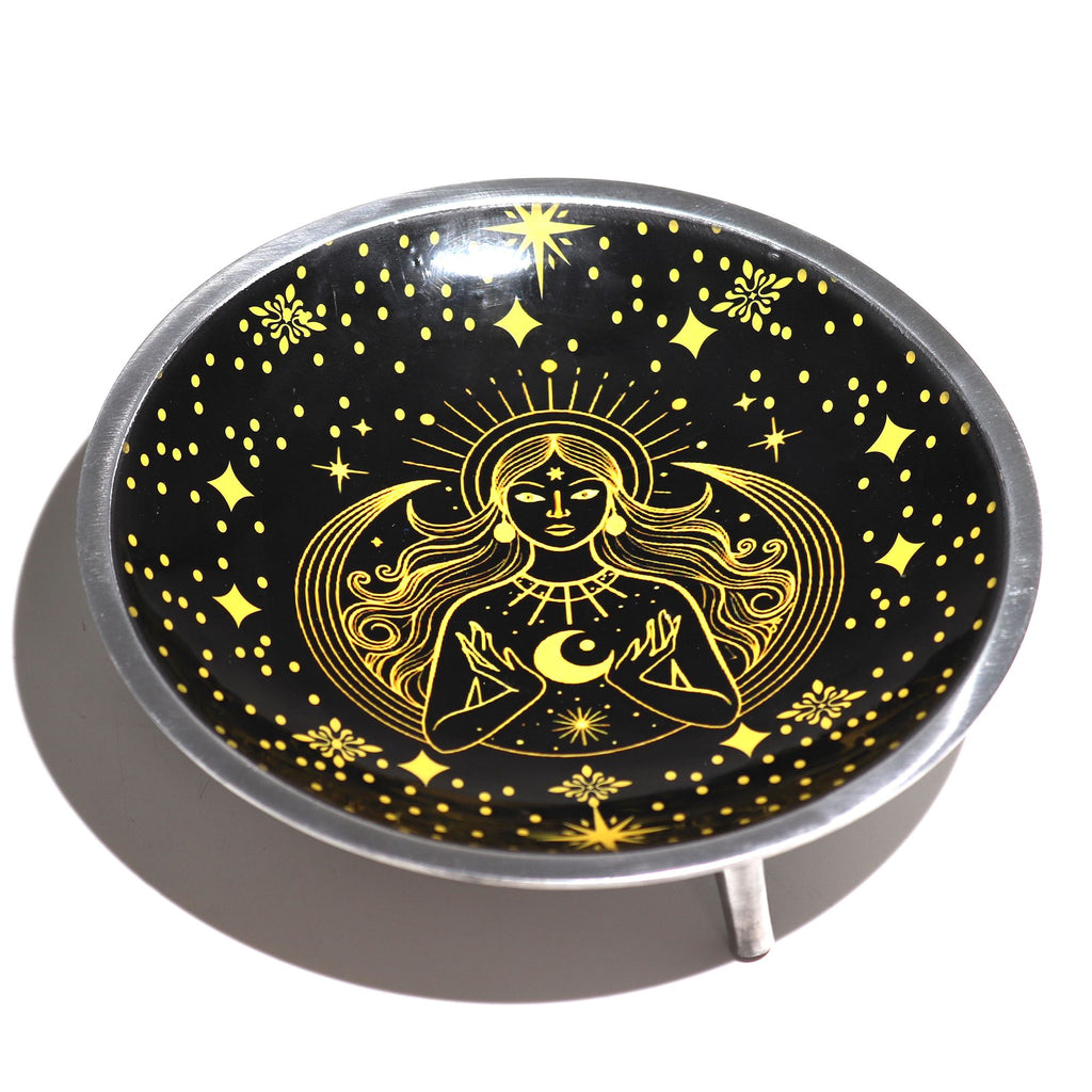 Triple Leg Enamelled Offering Plate - Gold Goddess on Black - view 4