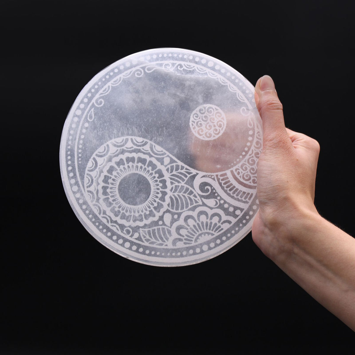 Large round selenite charging plate engraved with a feng shui compass - view 2