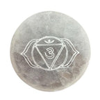 Set of seven small selenite charging plates, one engraved and coloured per chakra - view 8