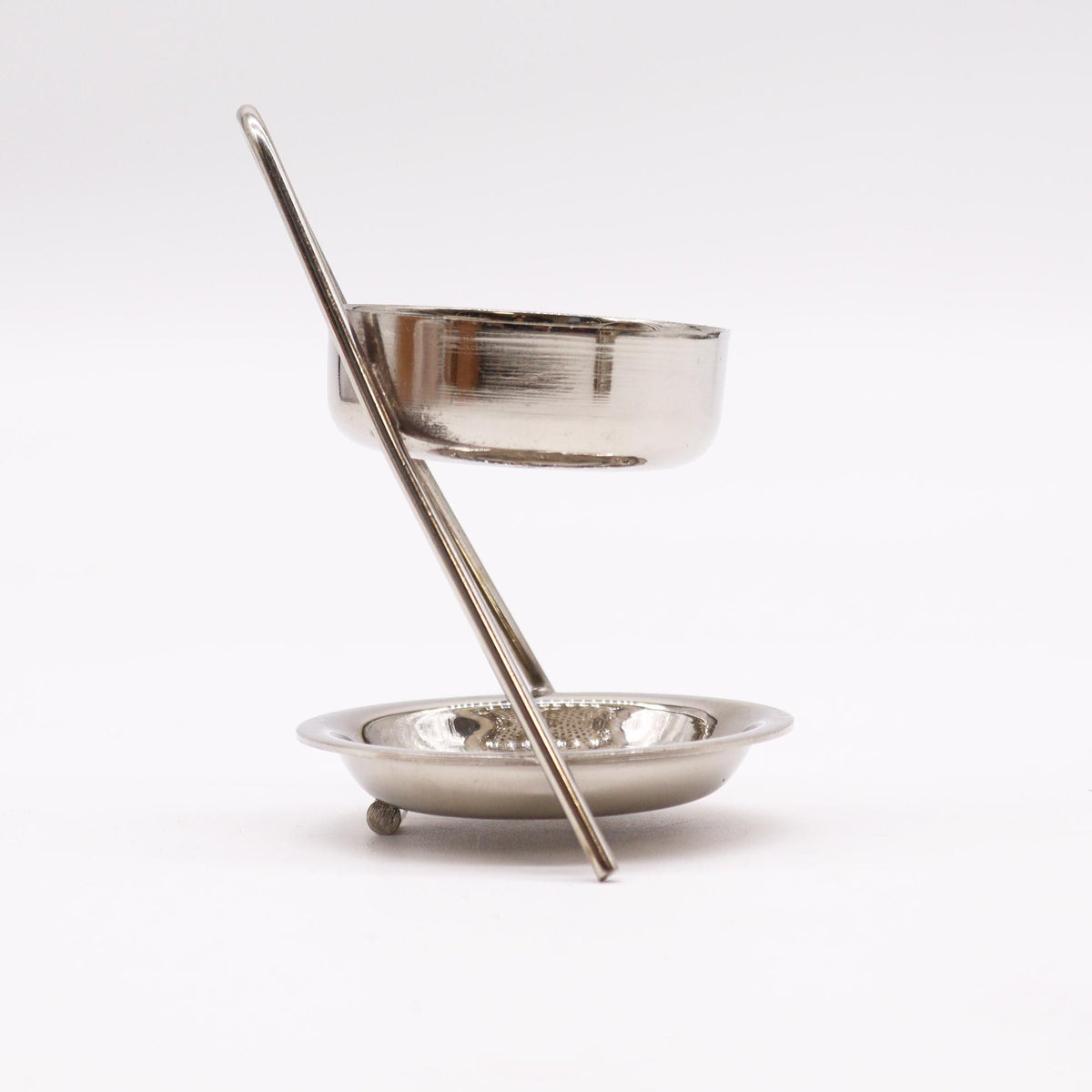 Plated brass incense warmer with mesh dish and tealight tray, on rumpled linen - view 4