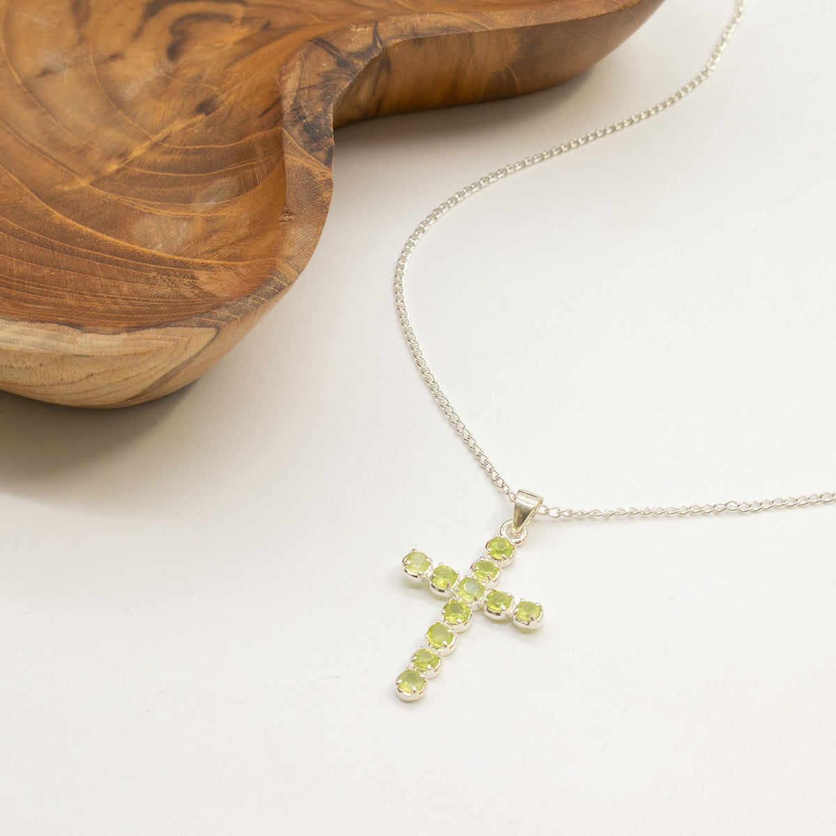 Indian Devotional Pendant - Silver Plated (45cm Chain) - Peridot Crucifix - view 2