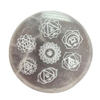 Small round selenite charging plate engraved with the seven chakra symbols - view 2