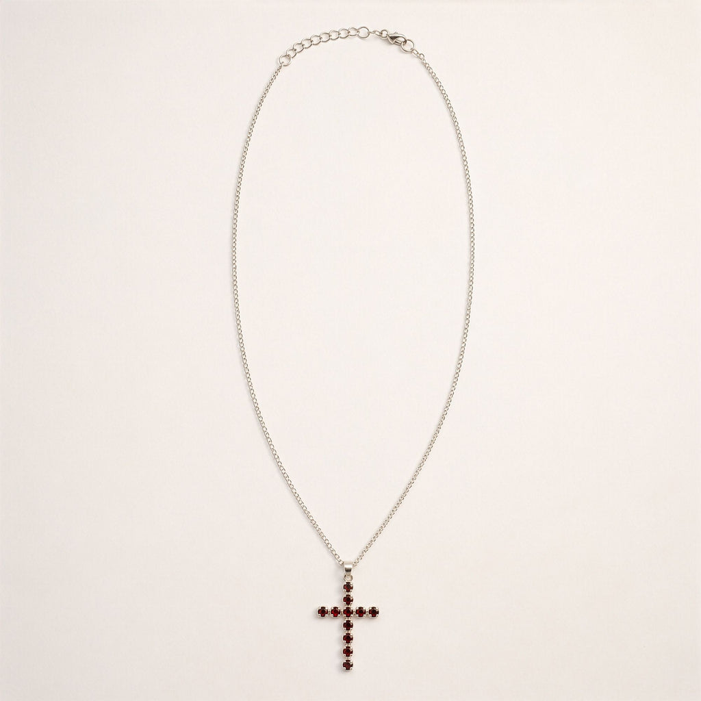 Indian Devotional Pendant - Silver Plated (45cm Chain) - Garnet Crucifix - view 2