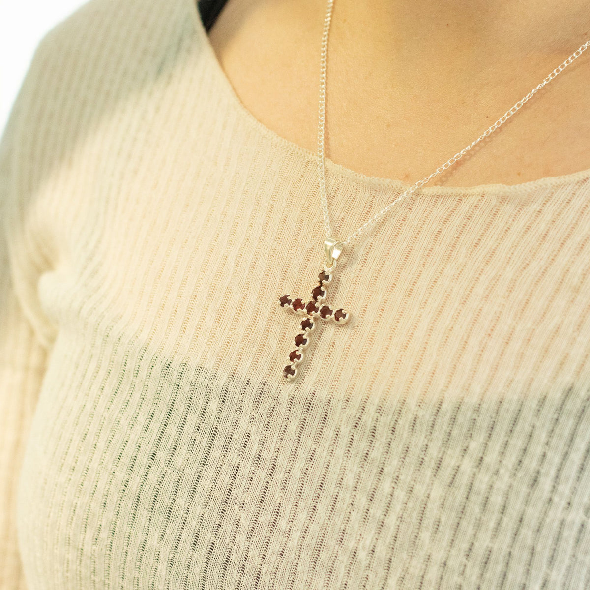 Indian Devotional Pendant - Silver Plated (45cm Chain) - Garnet Crucifix - view 5