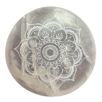 Small round selenite charging plate engraved with a mandala - view 2