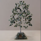 Moss agate chipstone tree on a speckled orgonite base, on rumpled linen - view 5