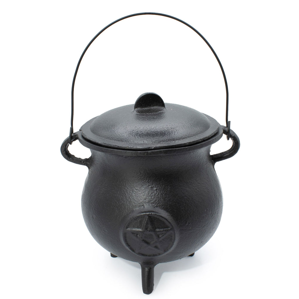 Extra large cast iron cauldron with raised pentagram, lid and three legs