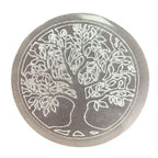 Small round selenite charging plate engraved with the Tree of Life