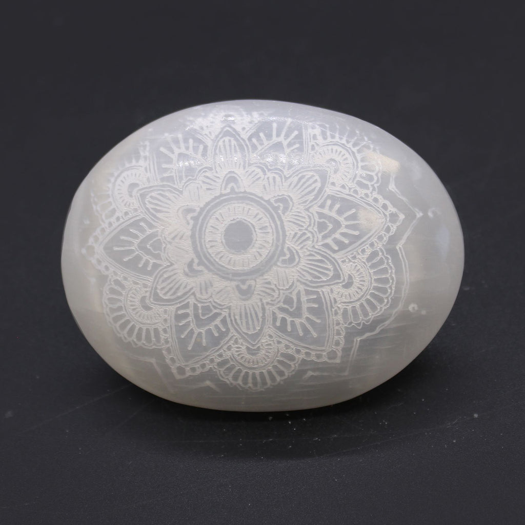Selenite Palm Stone - Mandala Engraved - view 2