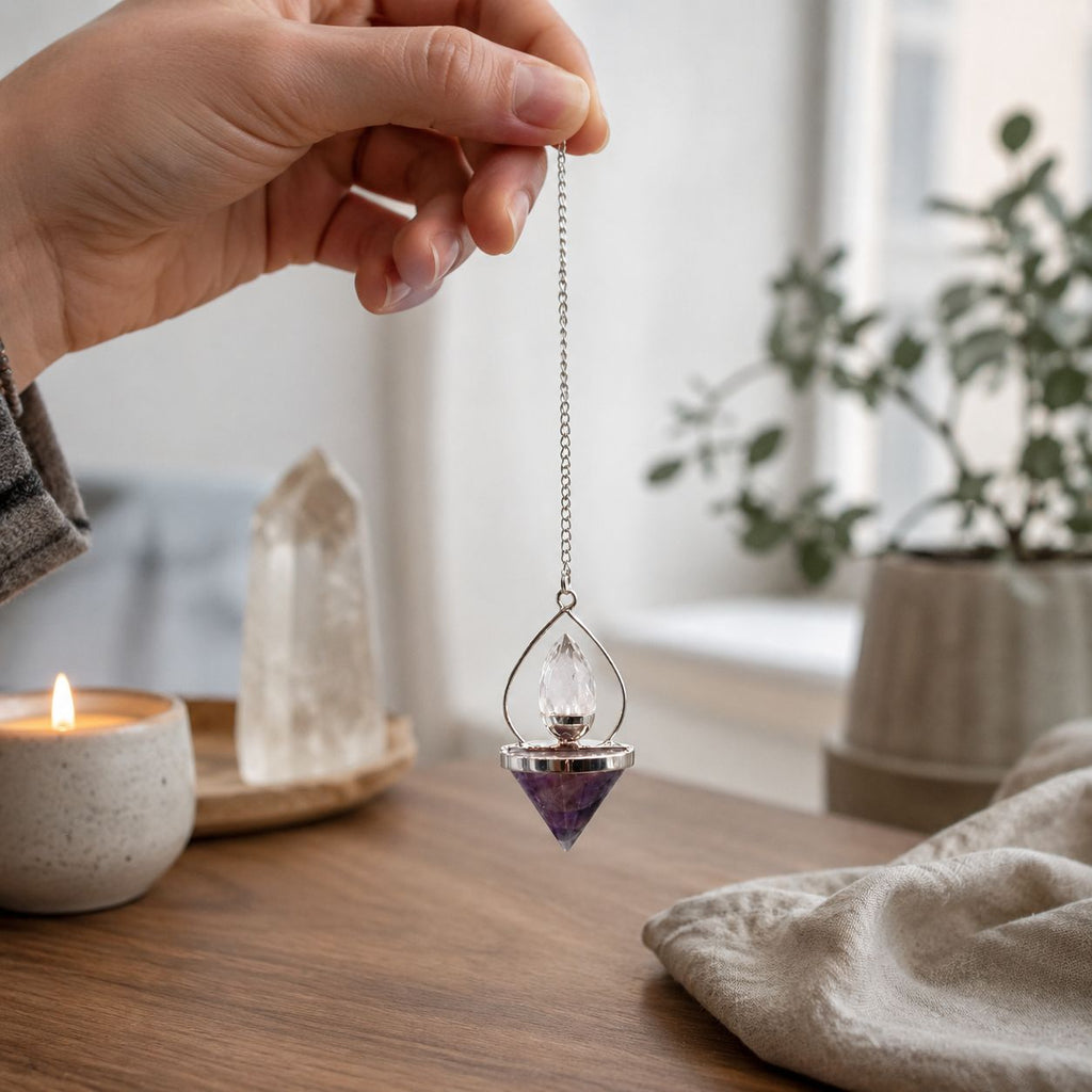 Lantern of Life dowsing pendulum pairing amethyst with clear rock quartz - view 3