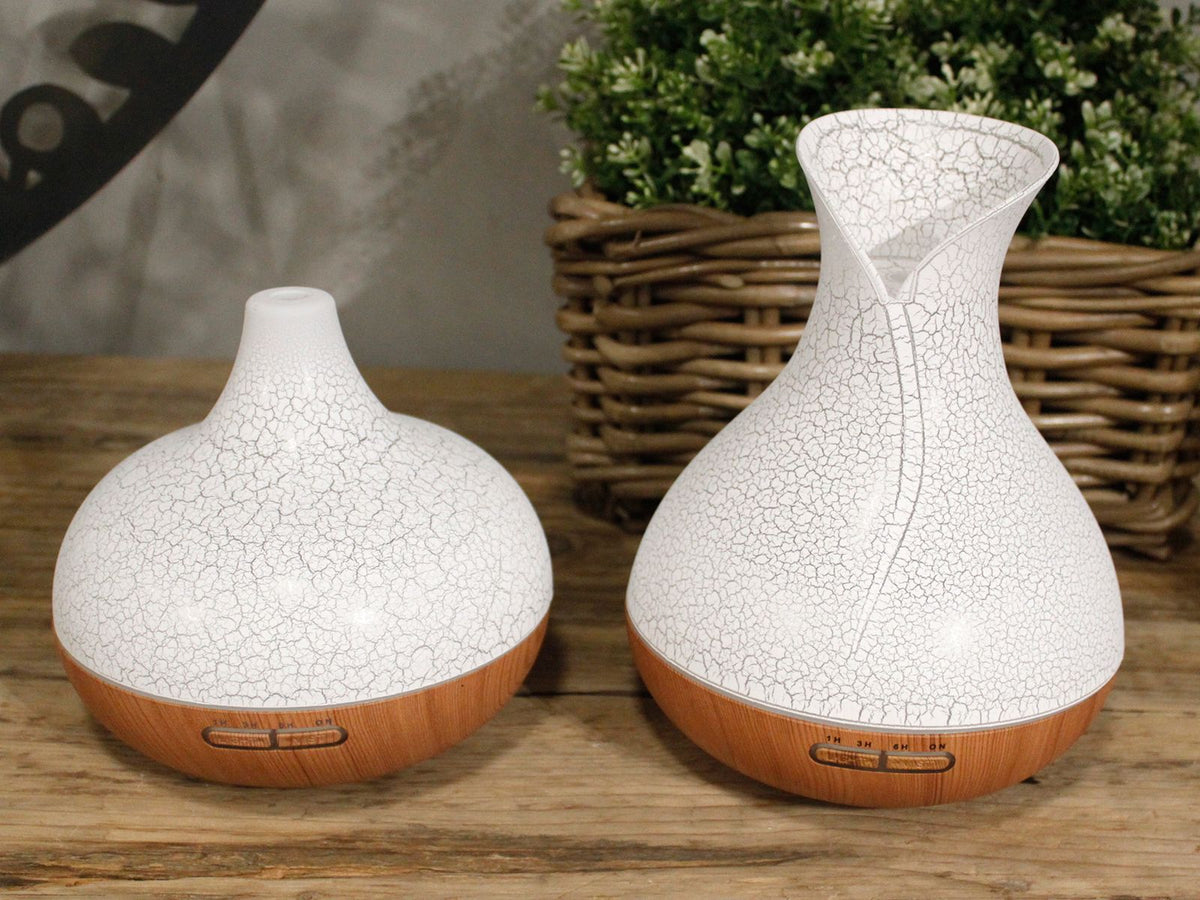 White crackle-glaze vase-shaped aroma diffuser on a wood base - view 6
