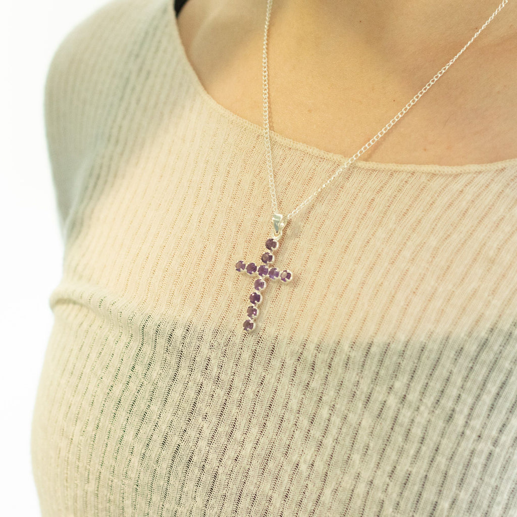 Indian Devotional Pendant - Silver Plated (45cm Chain) - Amethyst-Coloured Crucifix
