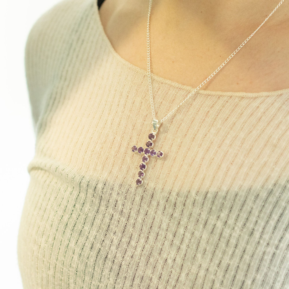 Indian Devotional Pendant - Silver Plated (45cm Chain) - Amethyst-Coloured Crucifix