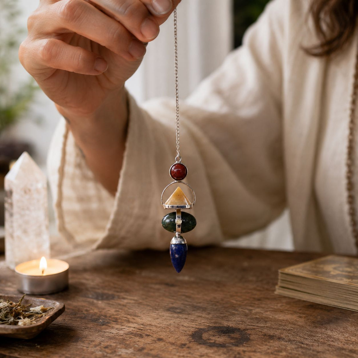 Four Elements Gemstone Pendulum - Red Jasper, Yellow Aventurine, Moss Agate, Sodalite & Moonstone - view 3