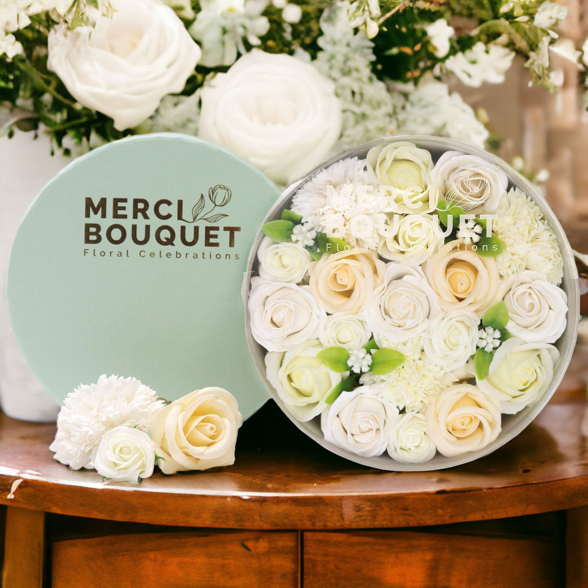 Round box packed with white and ivory soap roses, seen from above on cotton-rag paper - view 6