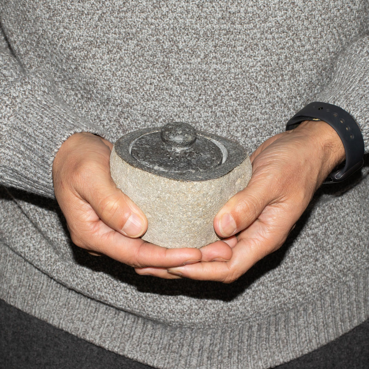 Small grounding pot carved from a single riverstone, with a fitted stone lid, rough outside and smooth within - view 7