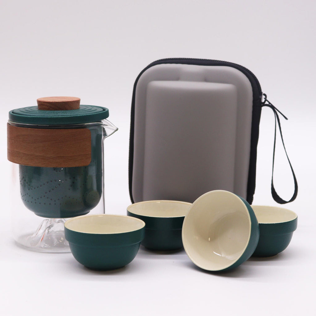 Teal and glass travel tea set with teapot, infuser and four stacking cups - view 7