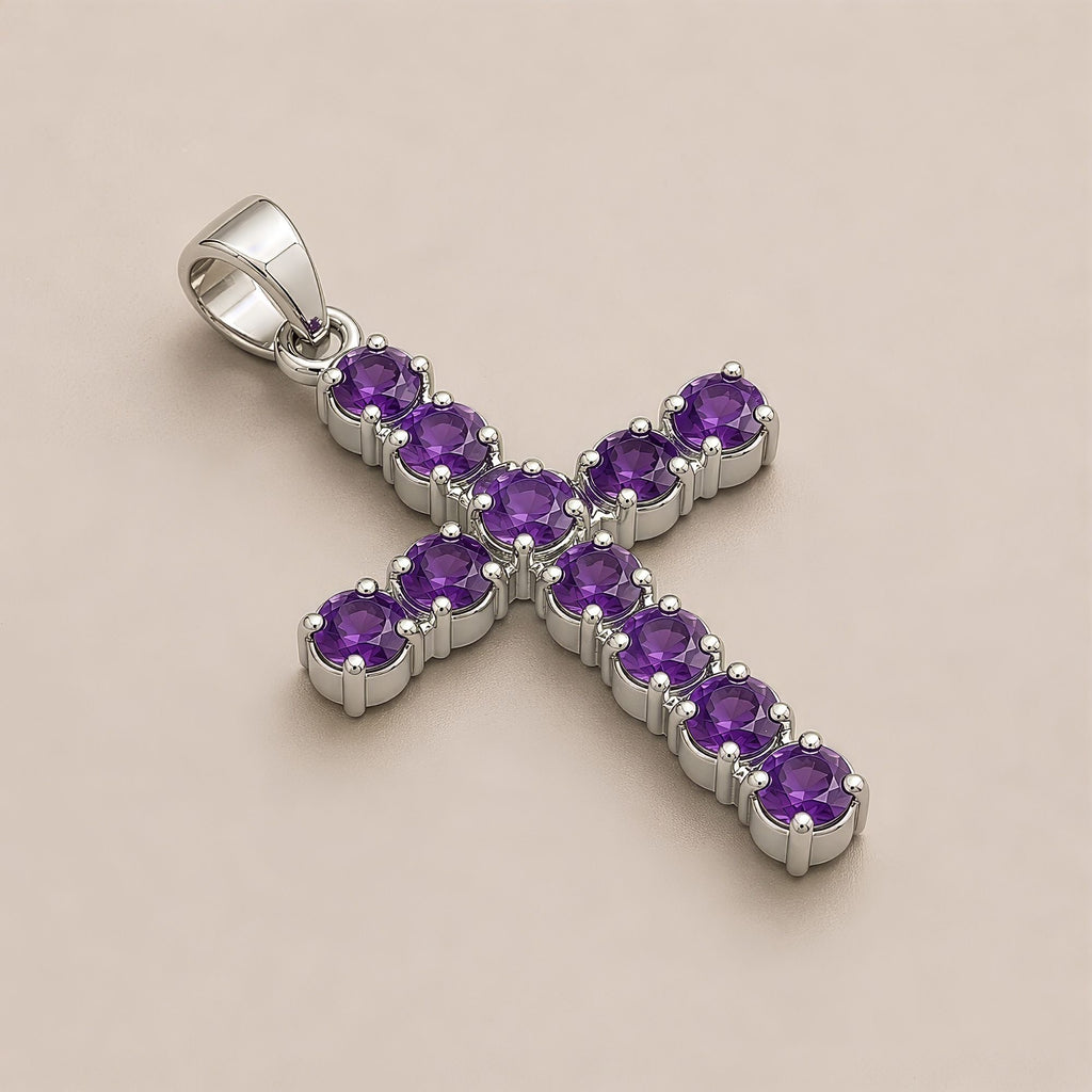 Indian Devotional Pendant - Silver Plated (45cm Chain) - Amethyst-Coloured Crucifix - view 3